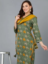 Green Cotton Blend Ethnic Motif Printed Straight